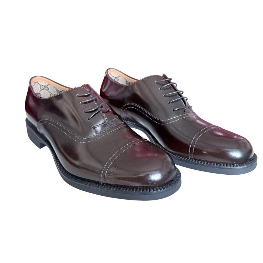 Gucci 812153 Mens Tempe Cap-Toe Dark Brown Leather Oxford Shoes, UK8. US 8.5